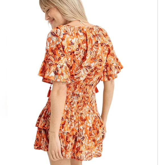 NWT Aerie Smocked Waist Mini Dress Orange Floral Tiered Ruffle Hem 100% Cotton M - Picture 3 of 16